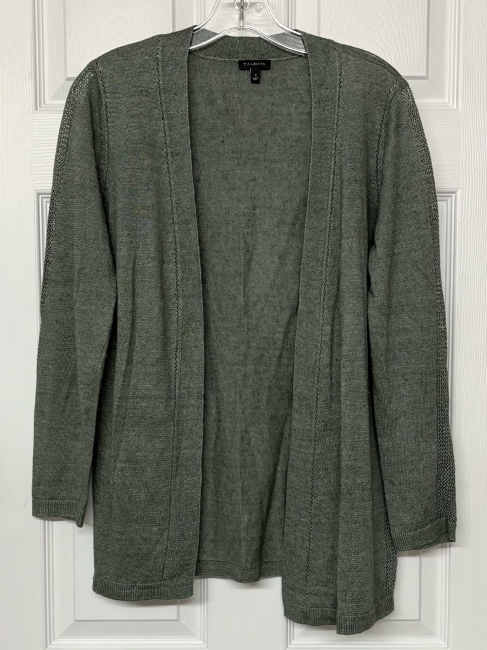 Talbots 100% Linen Green Long Open Cardigan Mesh Panels Sz S